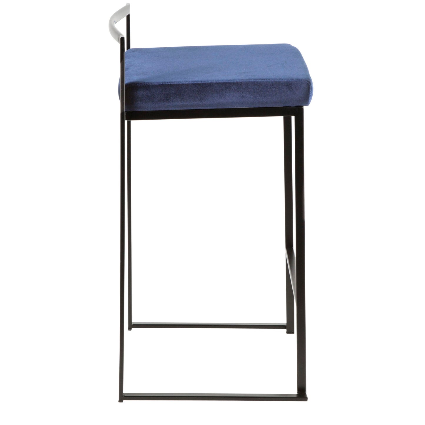 Side view of the Fuji Contemporary Stackable Counter Stool featuring a blue cushioned seat, black metal legs, and a curved metal backrest.