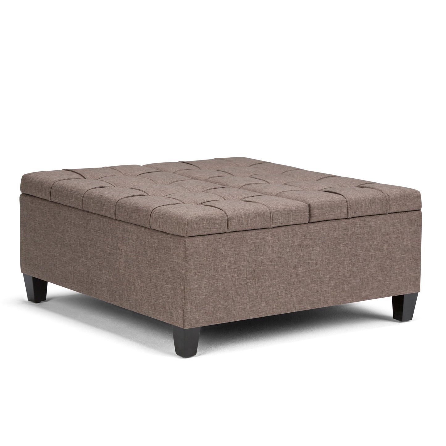 The Harrison Upholstered Coffee Table Storage Ottoman features a rectangular, tufted design in light brown fabric with short, dark wooden legs, shown against a white background.