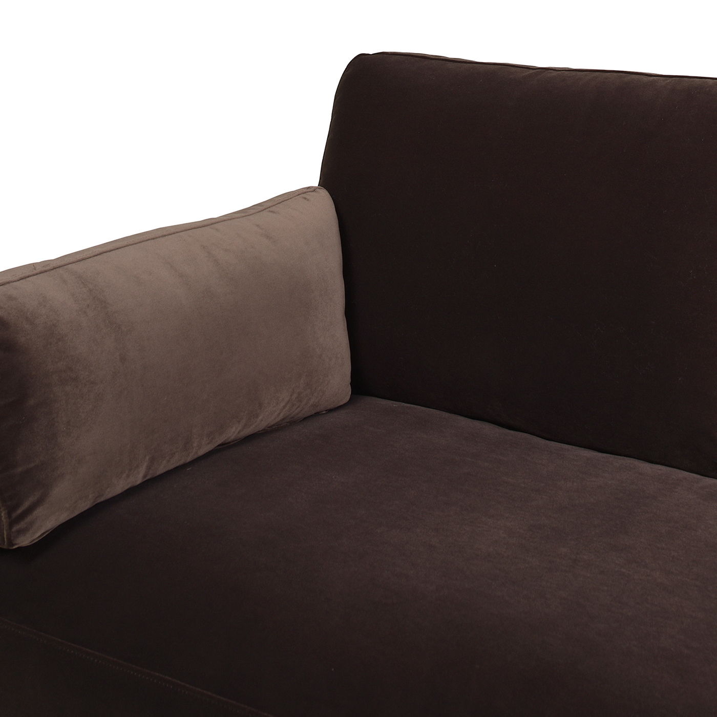 A close-up of the Knox - Modern Farmhouse Sofa in dark brown velvet, featuring one armrest and a matching rectangular cushion, set against a plain white background.