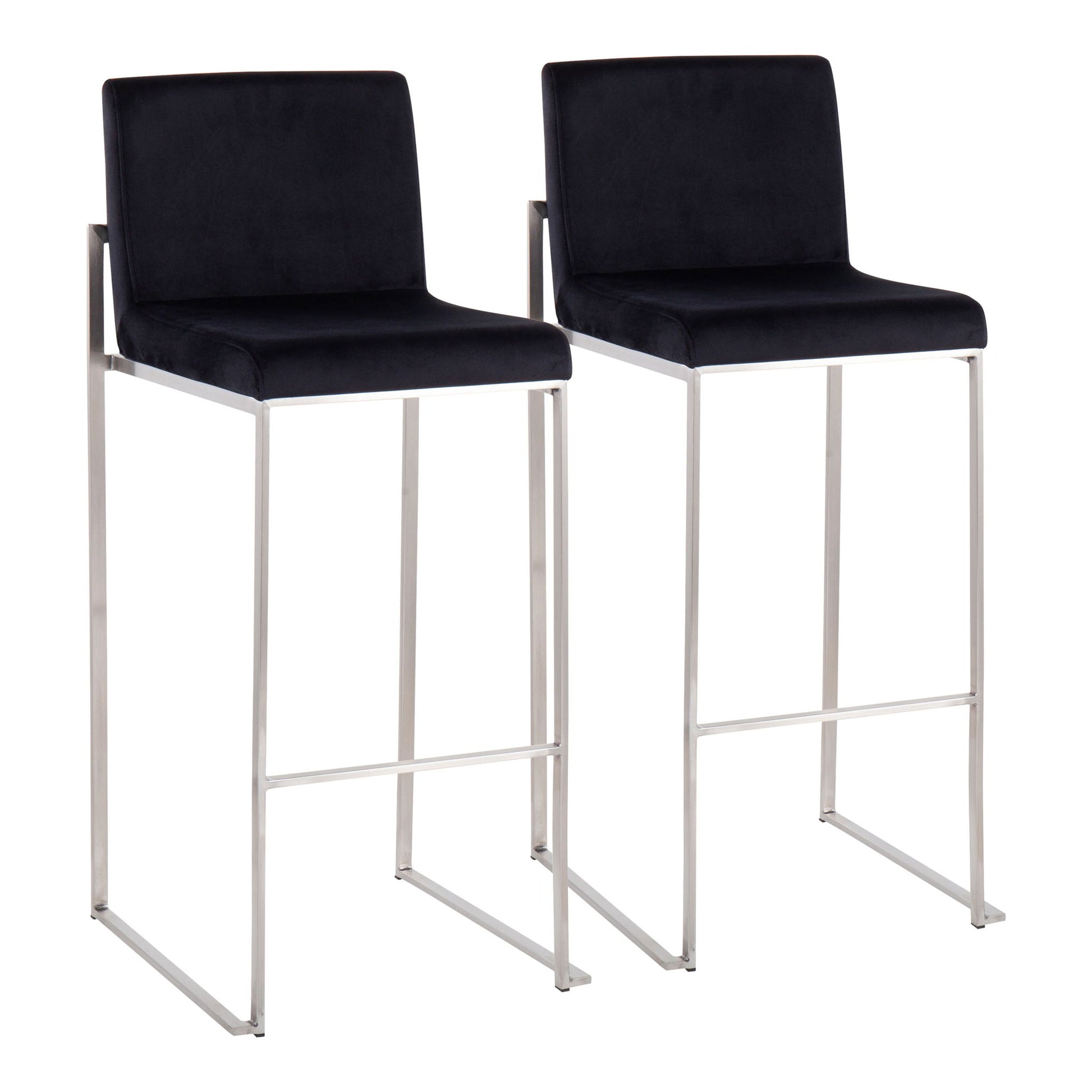 The Fuji High Back Barstool offers modern elegance with black cushioned seats and backs, plus sleek stainless steel legs and frames for a simple, contemporary look. Set includes two stools.