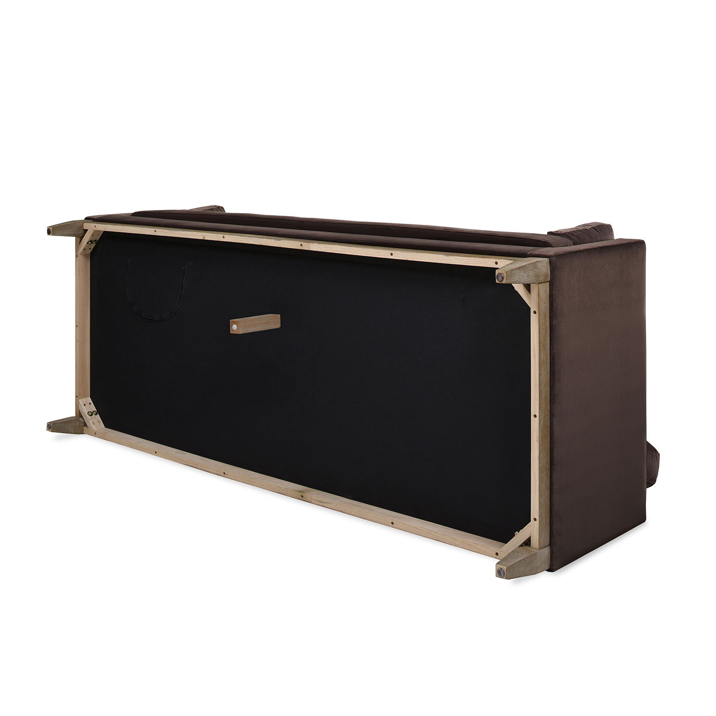 The Knox - Modern Farmhouse Sofa is shown from below, highlighting its brown upholstery, visible wooden frame, black fabric underside, and supportive legs.