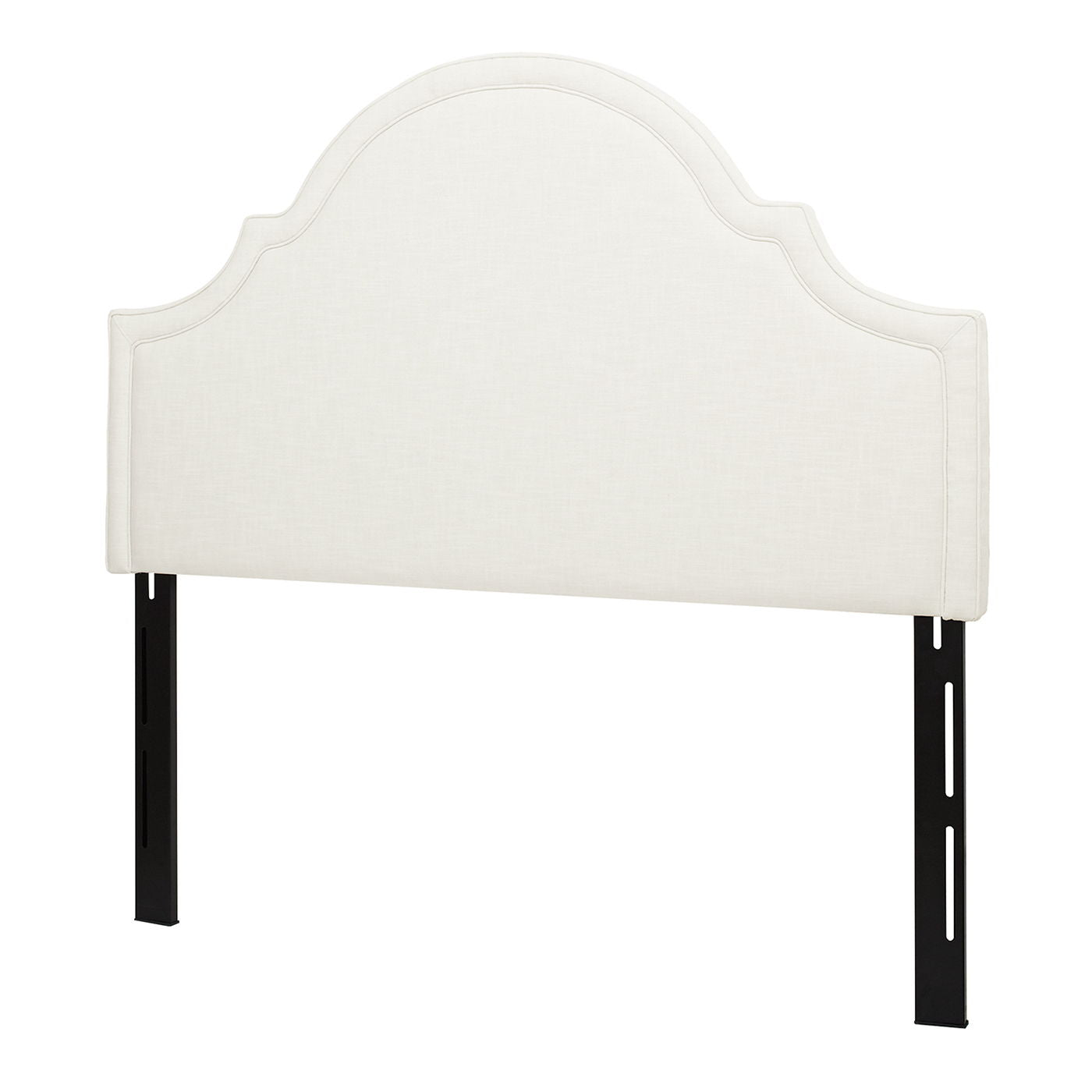 The Catherine headboard features luxurious white upholstery, a curved scalloped top, and two black metal support legs for easy bed frame attachment.