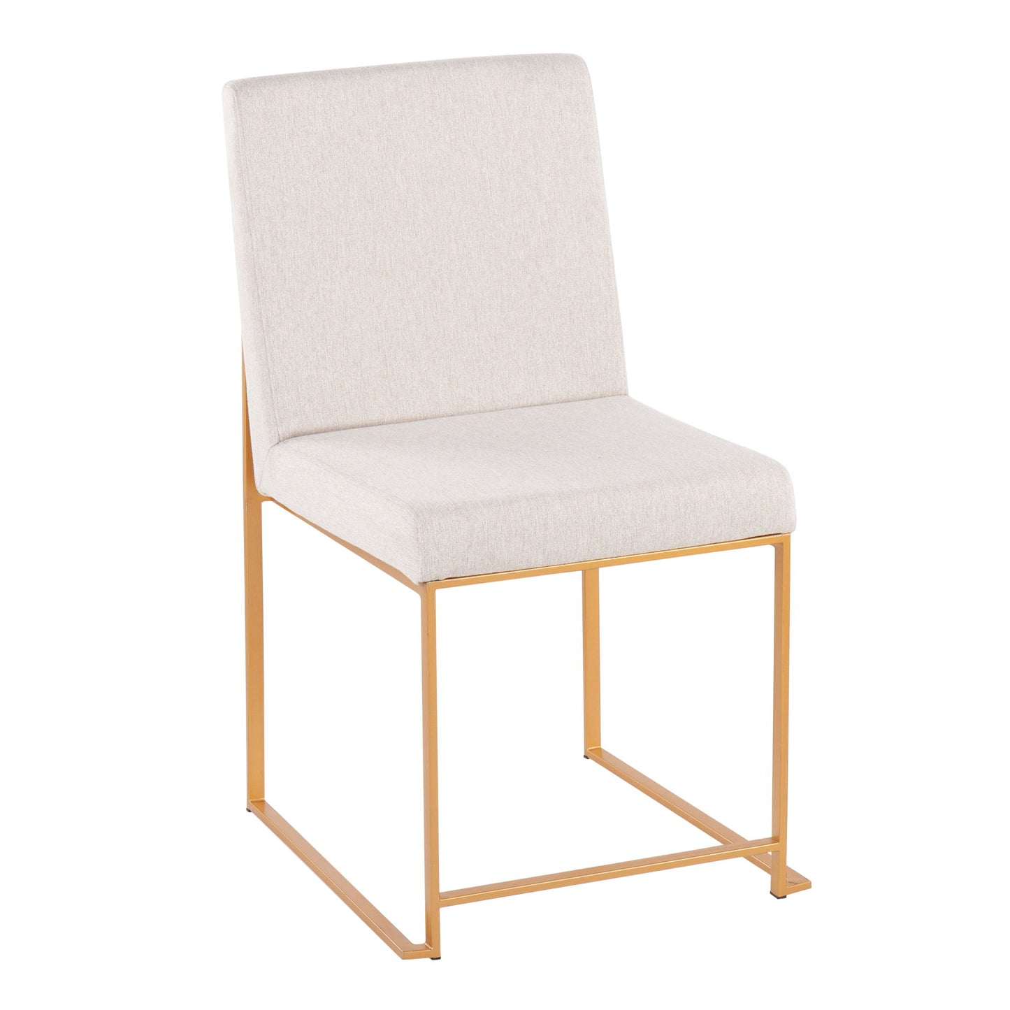 The Fuji High Back Dining Chair (Set of 2) features a contemporary gold-tone metal frame, straight legs, and modern armless design with light beige upholstered seat and backrest.