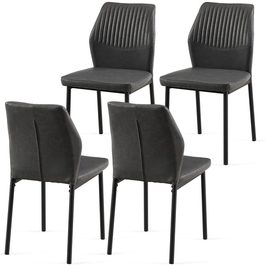 Set of four Dining Chairs Living Room Chair Modern Kitchen Armless Side Chair with black metal legs, dark gray upholstered seats and backs featuring vertical stitching; two chairs face forward, two are shown from the back.