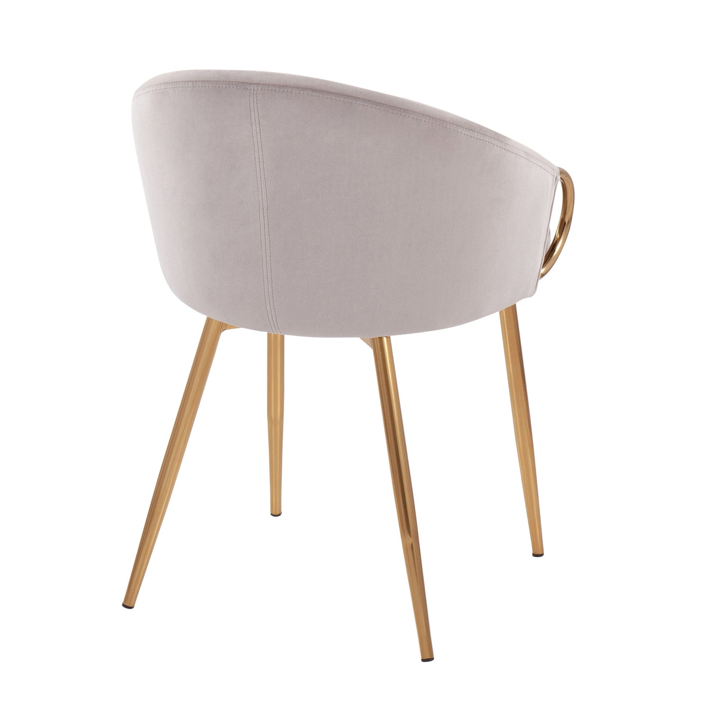 The Claire - Contemporary Glam Chair features a curved, light beige upholstered backrest and gold-colored metal legs, seen from behind. A circular gold handle adorns the back for a stylish accent.