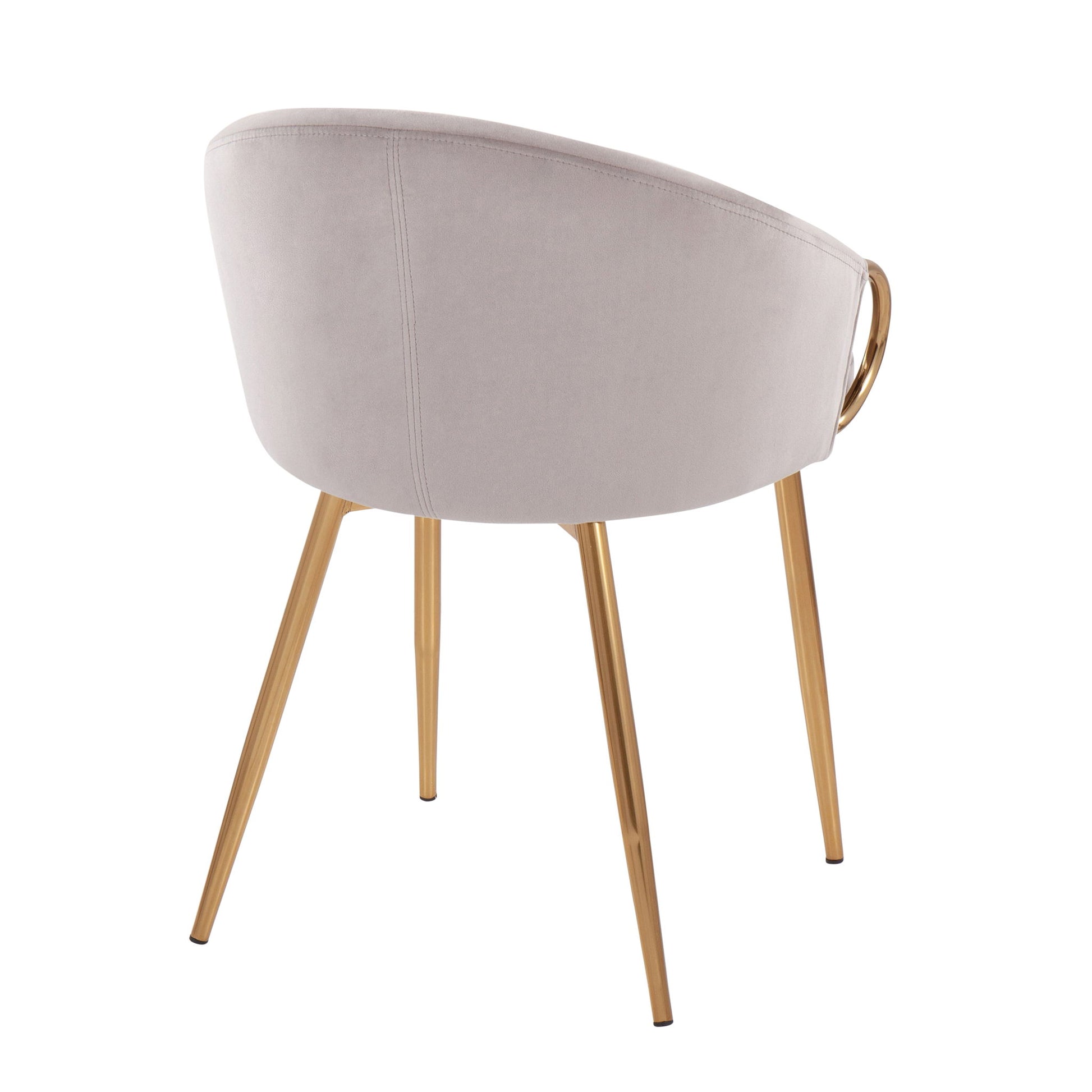 The Claire - Contemporary Glam Chair features a curved, light beige upholstered backrest and gold-colored metal legs, seen from behind. A circular gold handle adorns the back for a stylish accent.