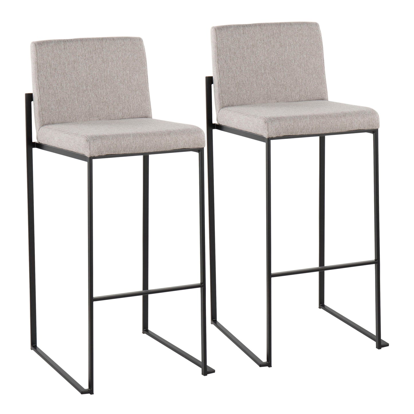 Two Fuji Contemporary High Back Barstools with elegant light gray upholstery, slim black metal frames, and built-in footrests are placed side by side against a white background.