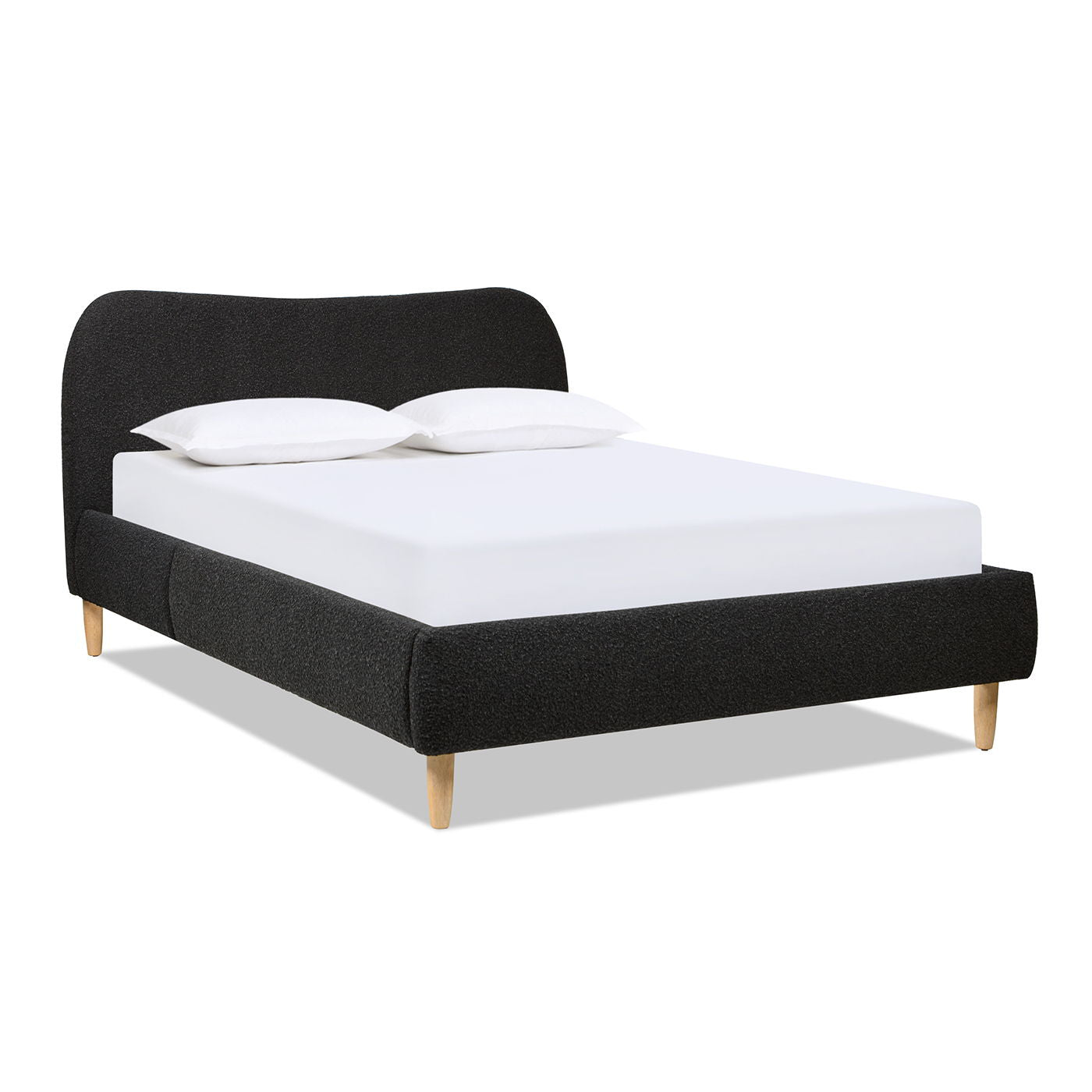 The Roman - Curved Headboard Upholstered Platform Bed features a modern dark upholstered frame, rounded headboard, light wooden legs, white mattress, and two white pillows, displayed against a plain white background.
