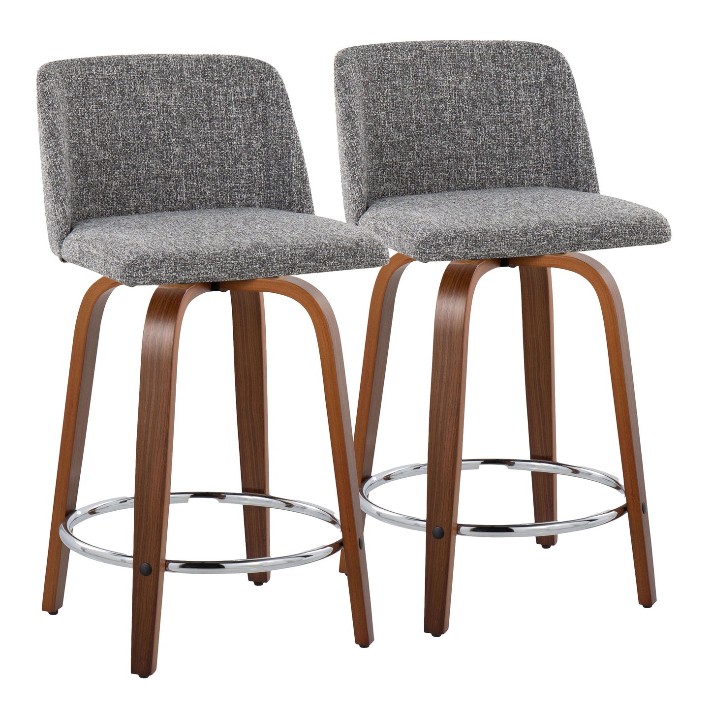 The Toriano set includes two mid-century modern counter stools featuring curved wooden legs, a round chrome footrest, and swivel seats. The textured gray fabric upholstery complements the sleek metal and warm wood design for a contemporary look.
