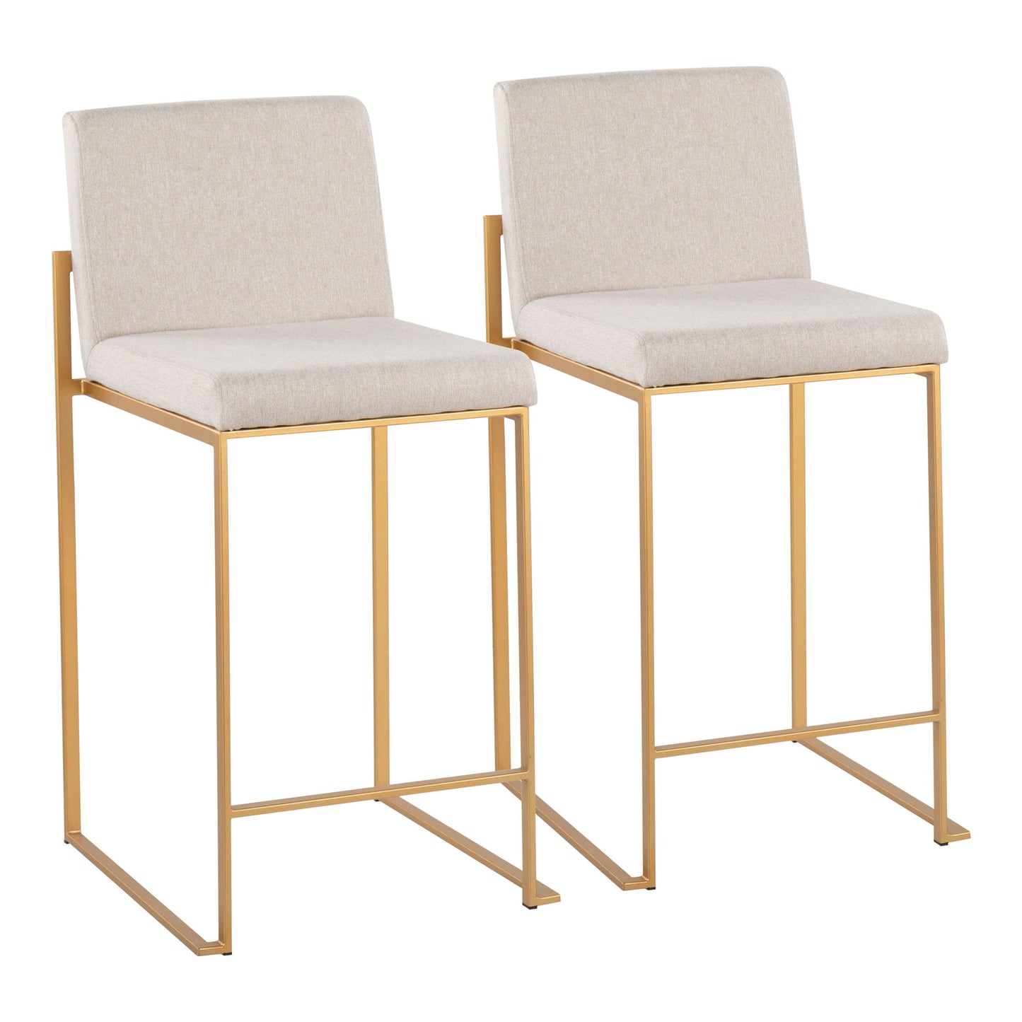 The Fuji Contemporary High Back Stylish Counter Stools feature gold metal frames with beige upholstered seats and backs, offering clean lines and a minimalist modern design.