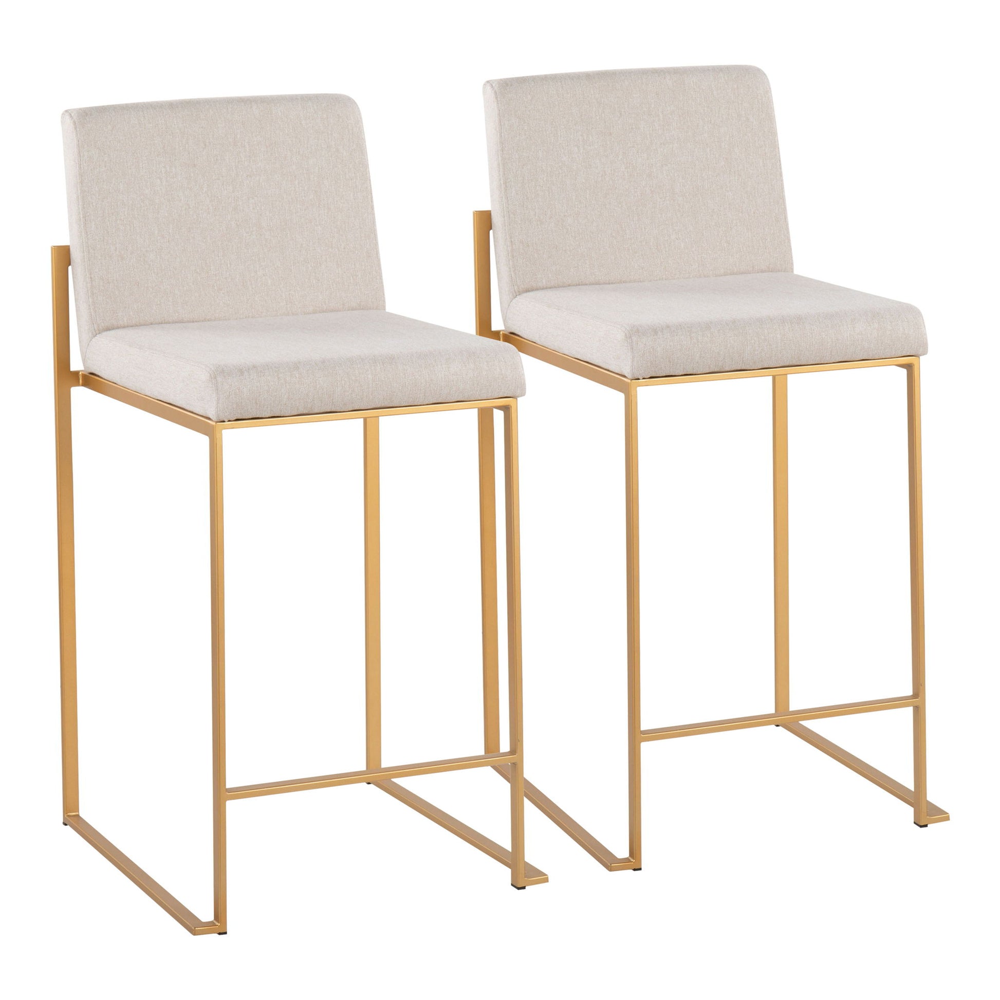 The Fuji Contemporary High Back Stylish Counter Stools feature gold metal frames with beige upholstered seats and backs, offering clean lines and a minimalist modern design.