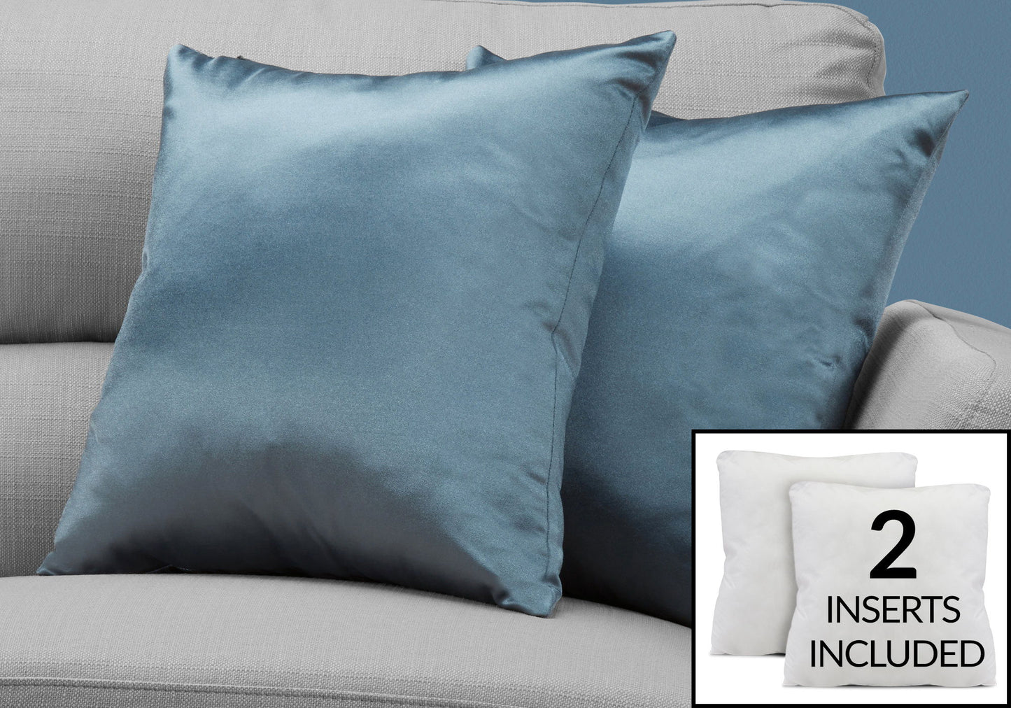 Two modern square decorative throw pillows sit on a light gray couch. An inset shows two hypoallergenic pillow inserts with the text "2 inserts included.