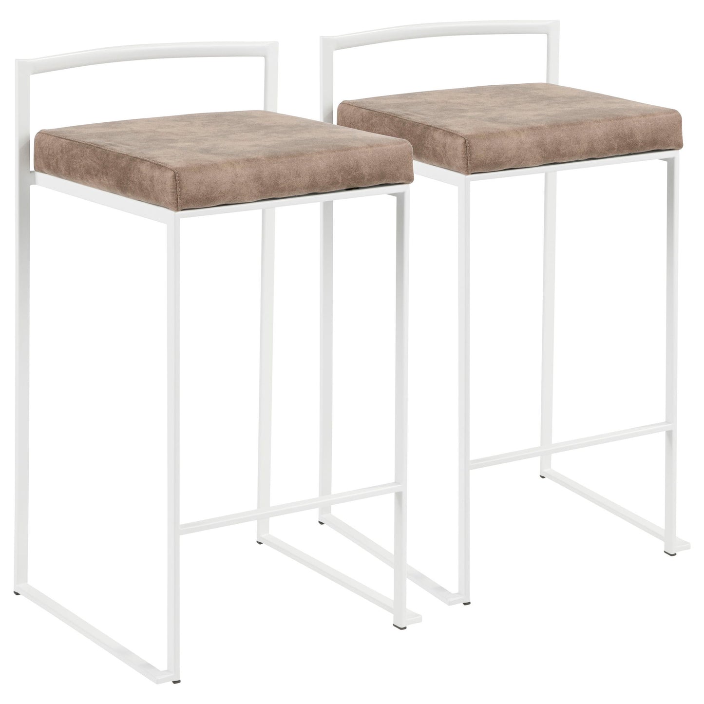 The Fuji Simple Elegance stools feature white metal frames, square brown cushioned seats, minimalist backrests, and a sleek contemporary design. These counter stools are also stackable for added convenience.