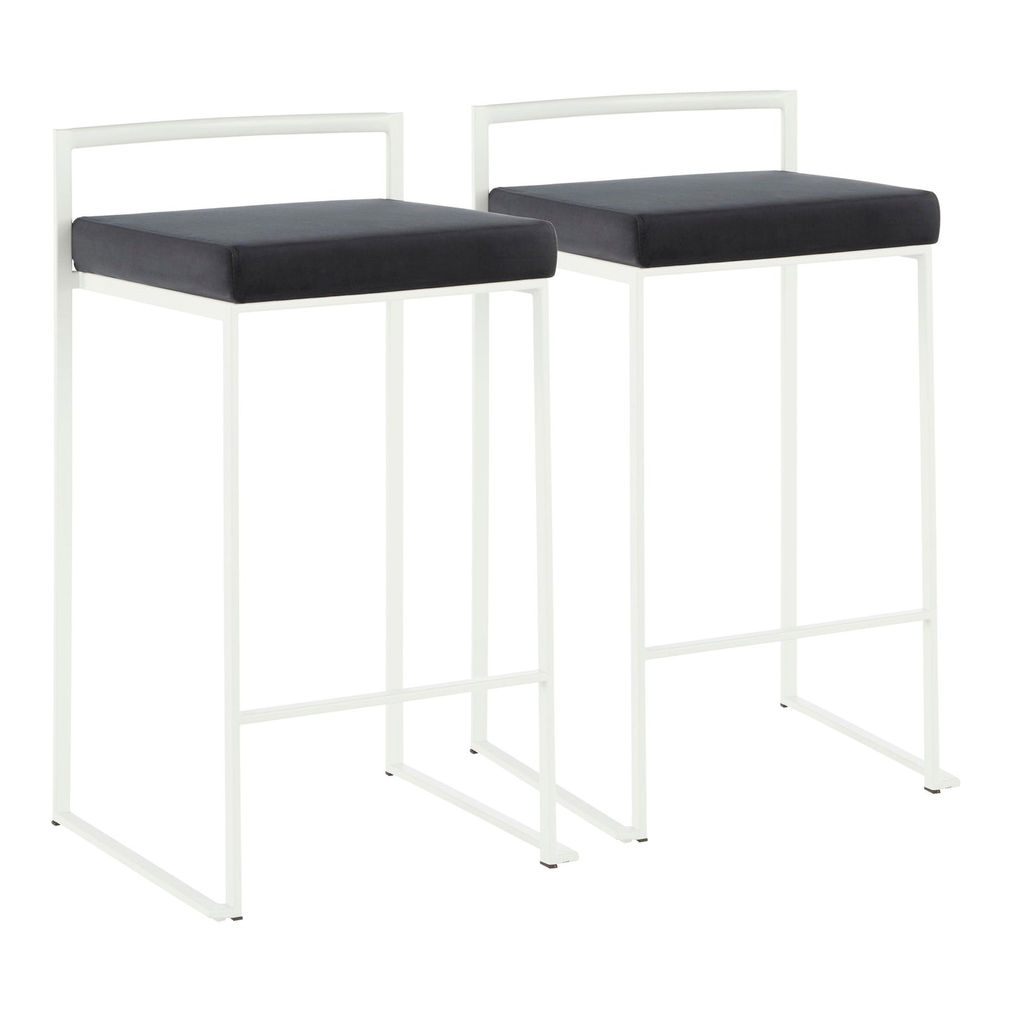 The Fuji - Simple Elegance, Contemporary Stackable Counter Stool features a modern design with white metal frames, square black cushioned seats, clean lines, and a low straight back support. No armrests or full backrests are included. Set of two stools.