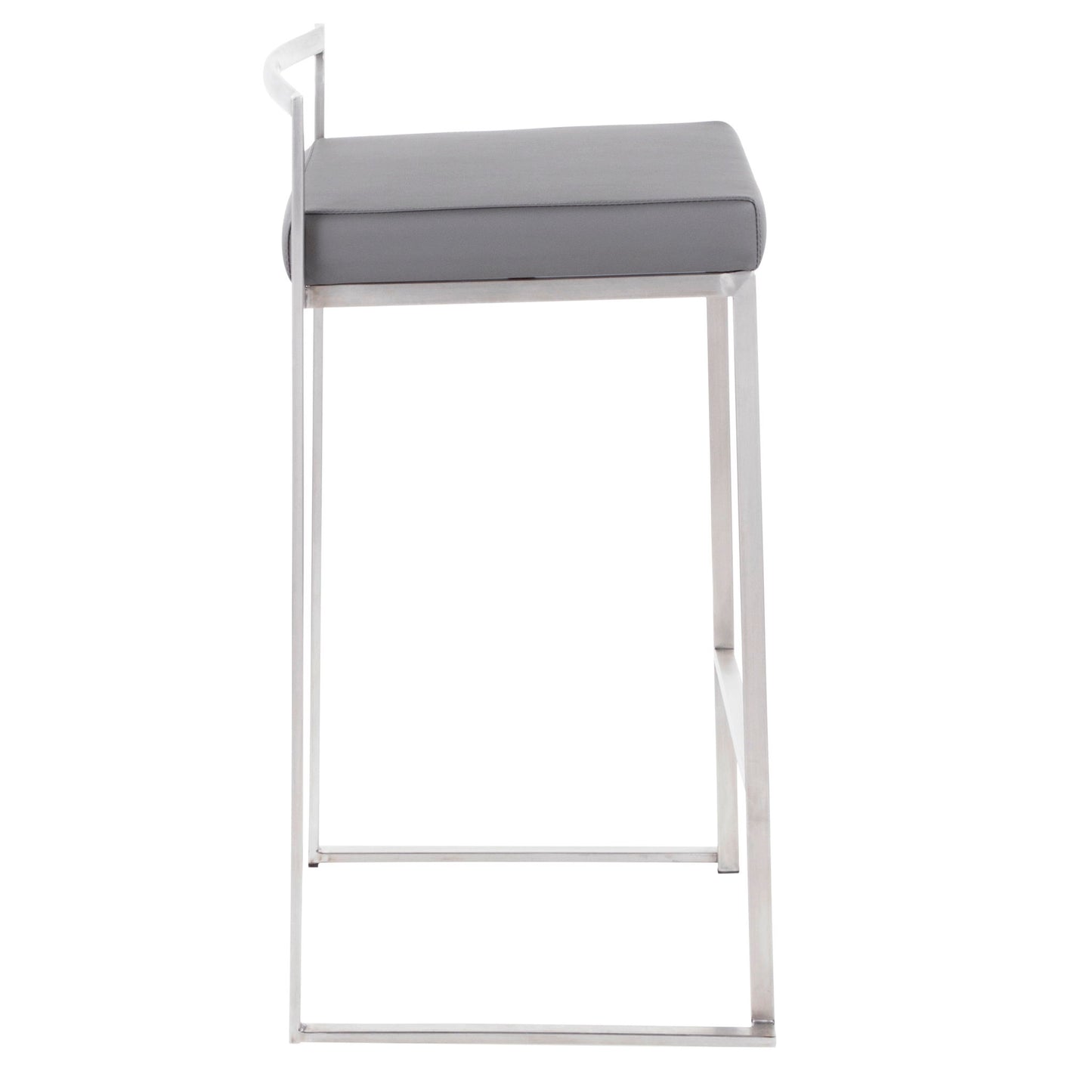 The Fuji - Contemporary Elegant Stackable Counter Stool Set features a sleek metal frame, rectangular gray cushioned seat, minimalist profile, and low curved backrest—shown here in a modern side view.