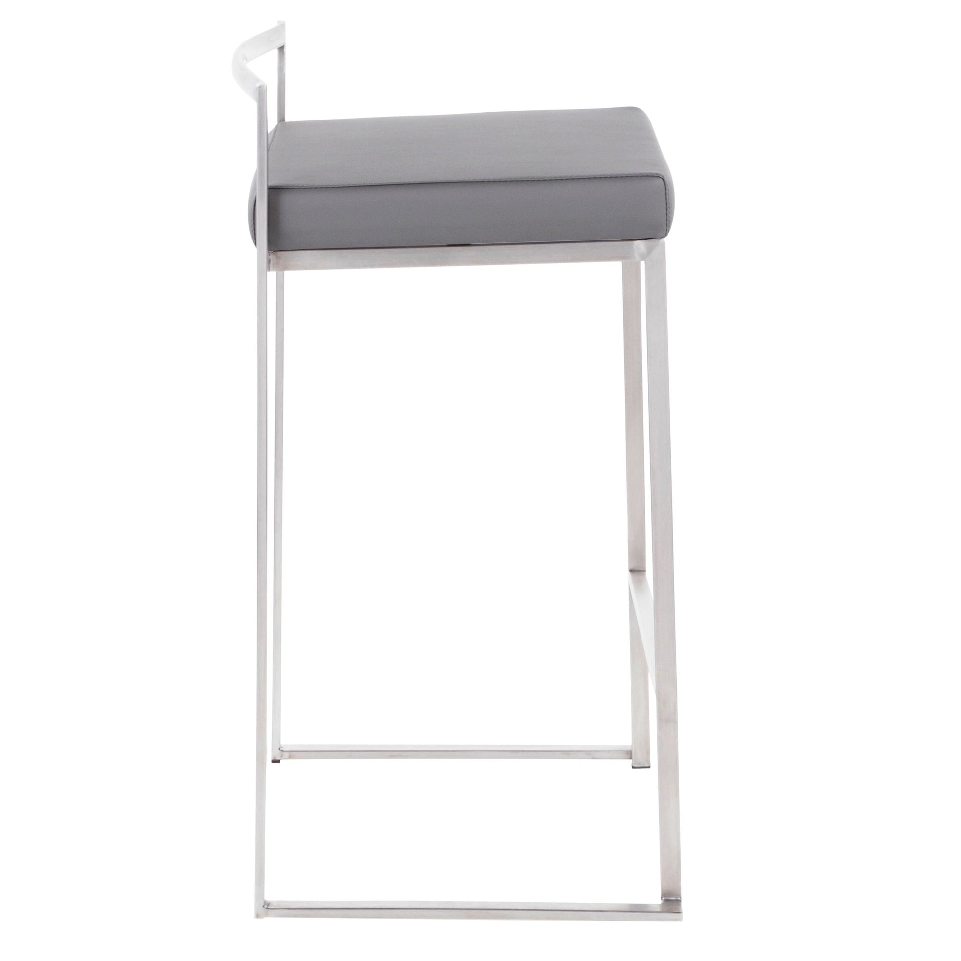 The Fuji - Contemporary Elegant Stackable Counter Stool Set features a sleek metal frame, rectangular gray cushioned seat, minimalist profile, and low curved backrest—shown here in a modern side view.