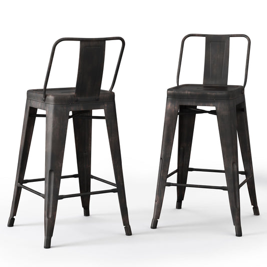Set of 2 Rayne Curved Back Metal Stools in black, featuring an industrial style with backs, footrests, a matte finish, and a slightly distressed look. Shown against a white background.
