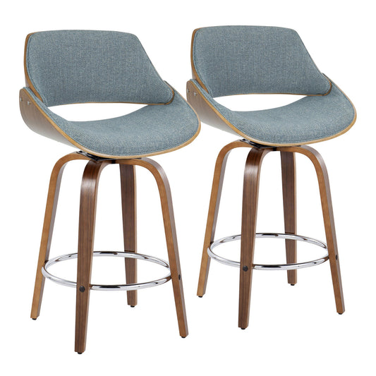 Set of 2 Fabrizzi Mid Century Modern counter stools with swivel, round footrest, curved wooden legs, and blue upholstered seats and backrests for a sleek look.