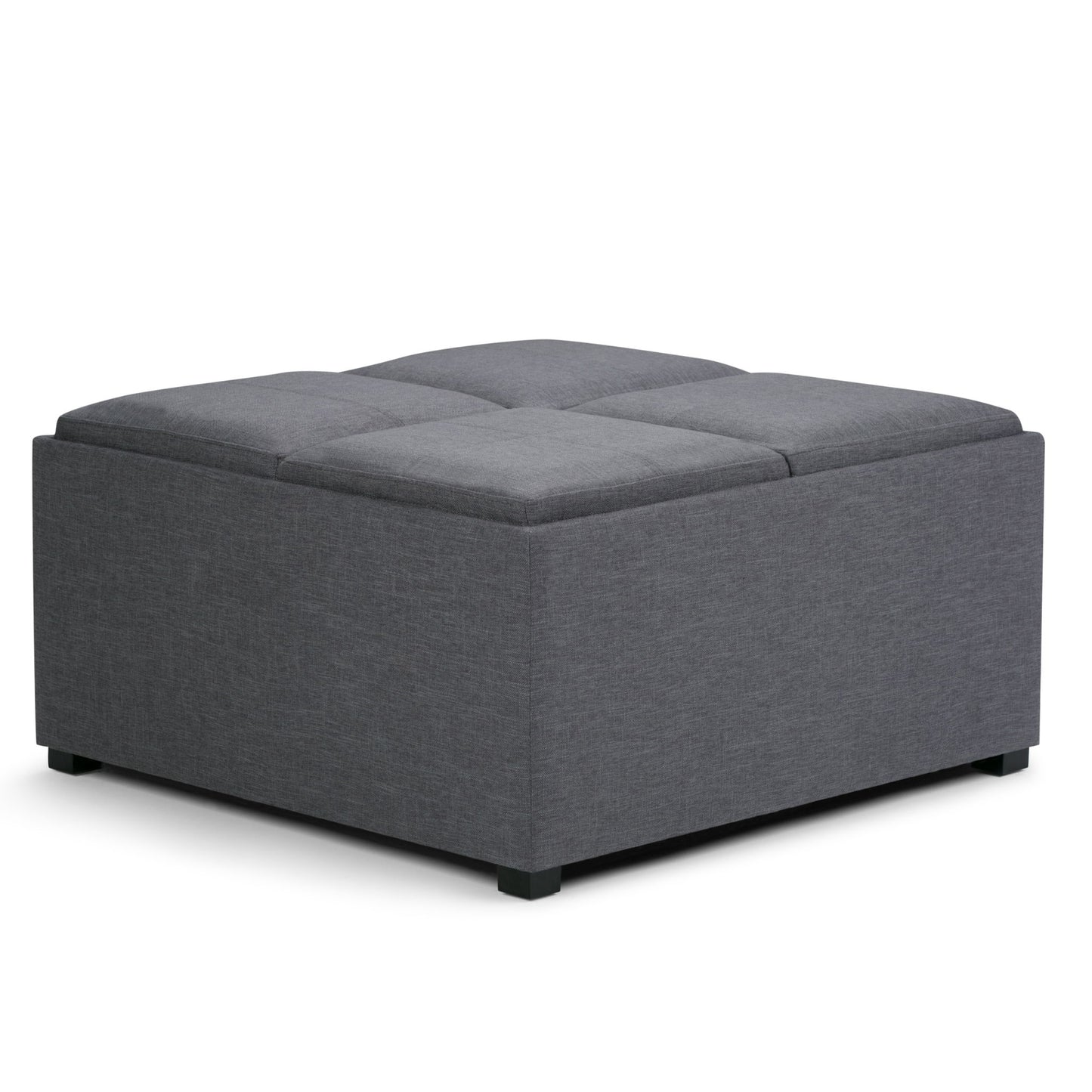 The Avalon Square Coffee Table, Storage Ottoman features dark grey upholstered fabric, a tufted top, and short black legs. It serves as a footrest, coffee table, or extra seating.