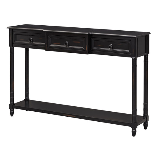 The Console Table Sofa Table With Drawers For Entryway features three projecting drawers, a long lower shelf, turned legs, and a black wooden finish with slight distressing for vintage style.