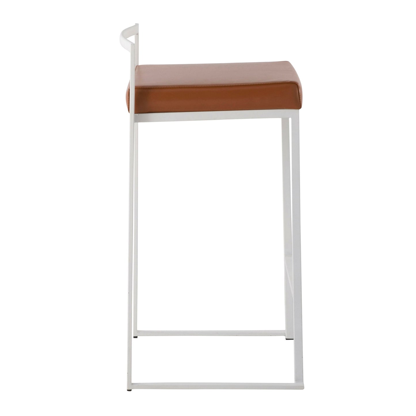 Side view of the Fuji - Simple Elegance, Contemporary Stackable Counter Stool featuring a thin white metal frame, square brown cushioned seat, and a minimal, partially visible backrest.