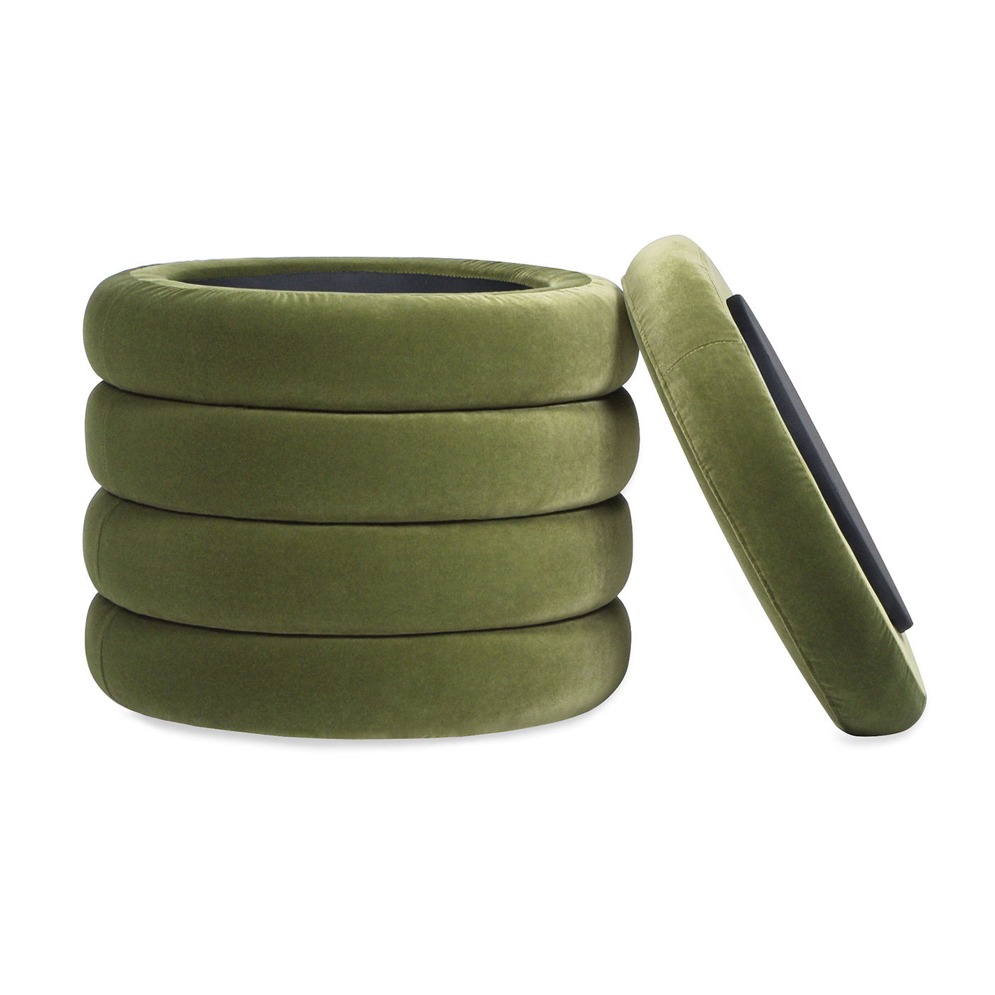 The Fuji Oversized Round Storage Ottoman, shown in green with a soft plush texture and stackable design, features a removable cushioned lid displayed leaning against its side.