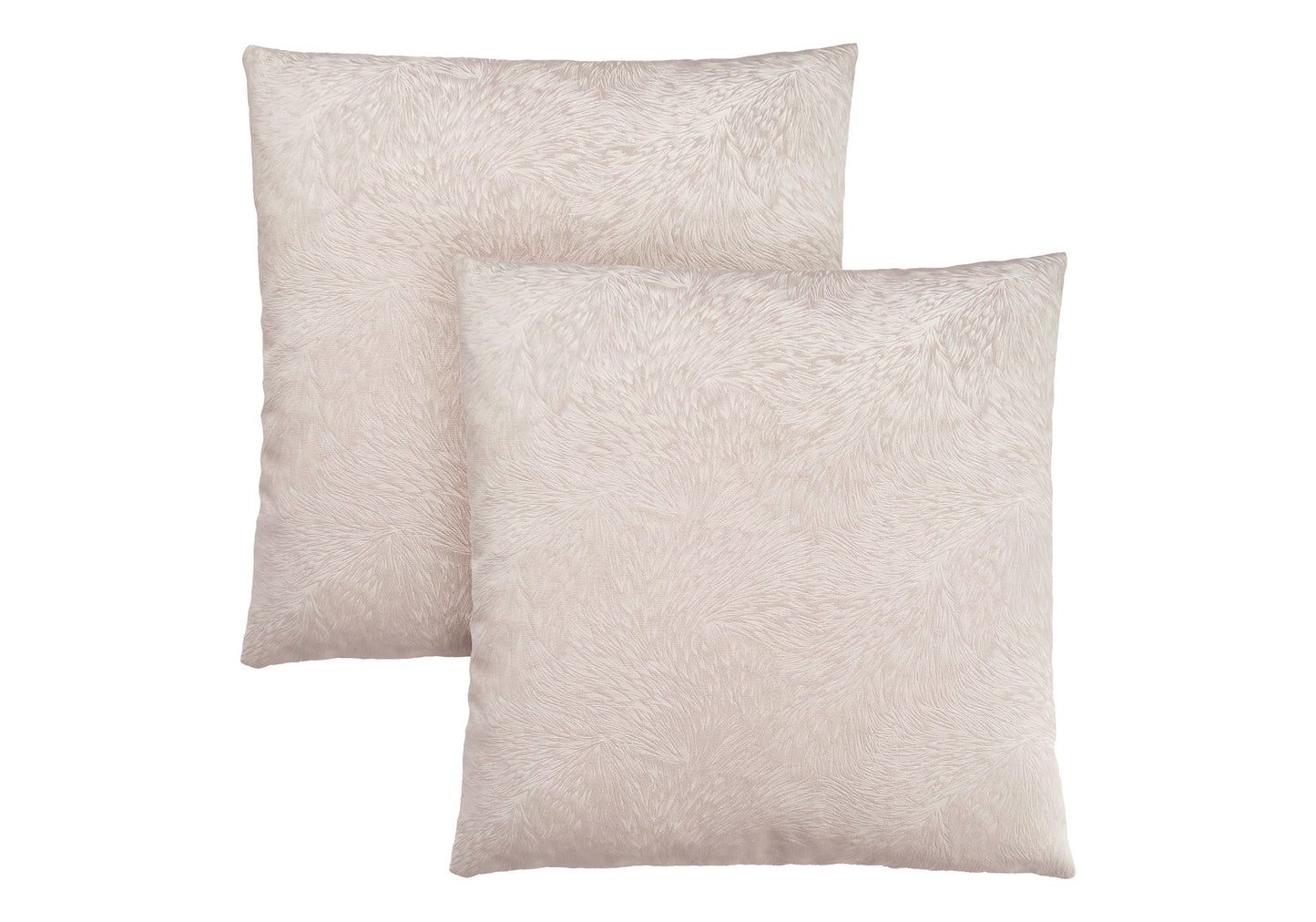 Two modern, square decorative throw pillows with inserts are shown overlapping on a white background. The hypoallergenic pillows feature light beige, soft textured fabric.