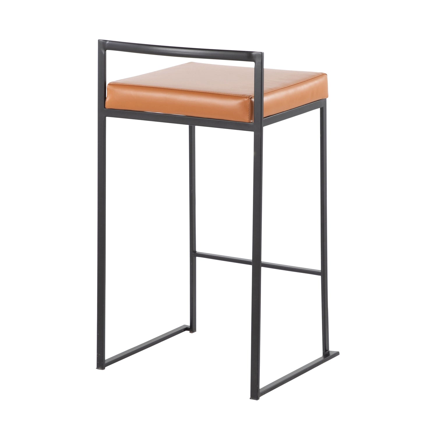 The Fuji - Contemporary Style Stackable Counter Stool features a black metal frame, square tan leather cushion, minimalistic design, low backrest, and open sides.