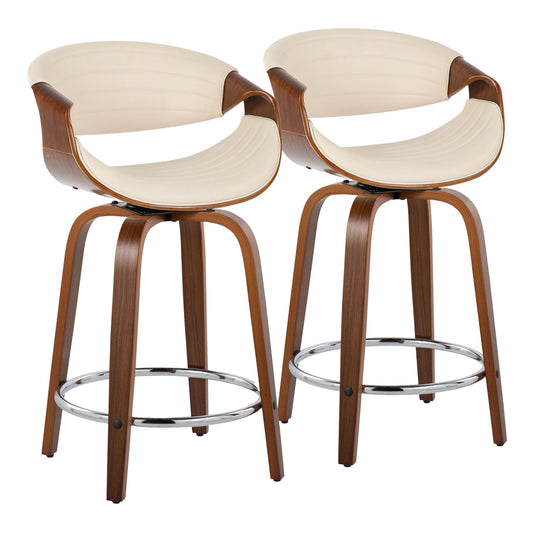 The Symphony set includes two mid-century modern counter stools with walnut curved legs, cream cushioned swivel seats, and a round chrome footrest—blending wood and upholstery for a contemporary style.