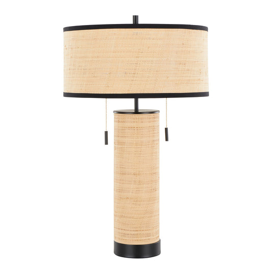 The Cylinder - Rattan Contemporary Rattan Table Lamp features a cylindrical base and drum shade in woven light tan, with two pull chains and black accents on the top, bottom, and shade edges.
