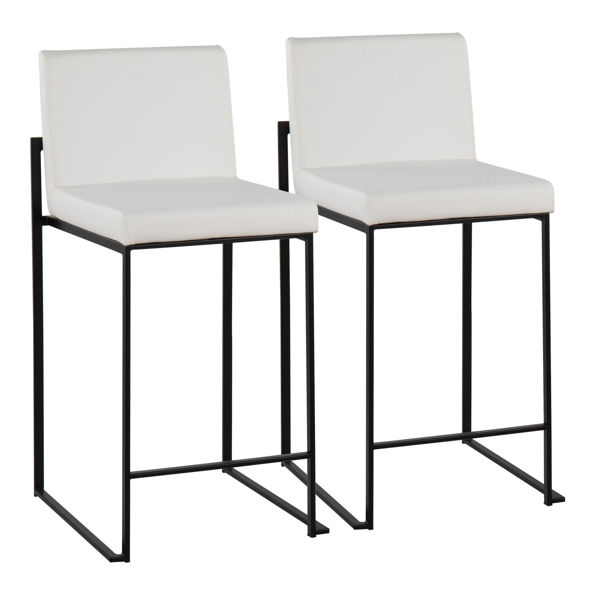 Two Fuji Contemporary Modern Elegance high back counter stools with white cushioned seats and backs, black metal frames, and footrests are placed side by side on a white background.
