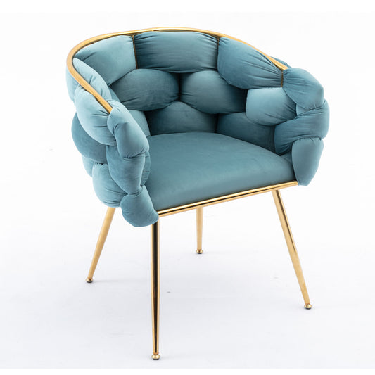 The Luxury Modern Simple Leisure Velvet Single Sofa Chair features plush, tufted teal velvet cushions and a shiny gold metal frame with slim legs, perfect for bedrooms, dressers, or manicure tables.