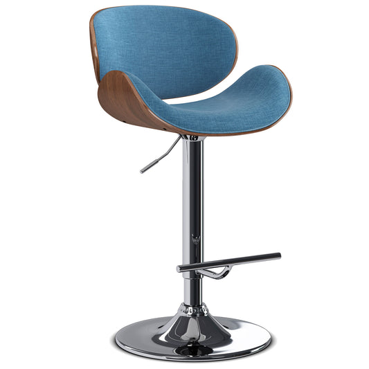 The Marana Bentwood Adjustable Swivel Bar Stool features a curved wooden frame, blue linen upholstered seat and backrest, chrome base with footrest, and a round pedestal.