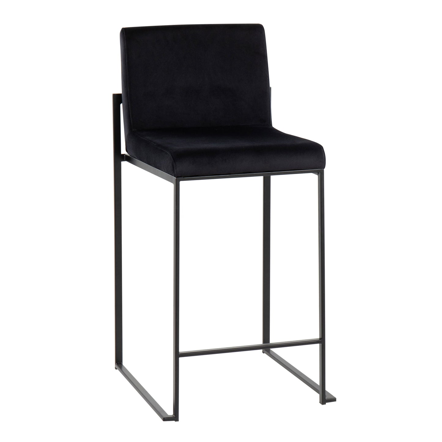 The Fuji High Back Counter Stool offers contemporary modern elegance with a sleek black cushioned seat, supportive backrest, and minimalist metal frame design.