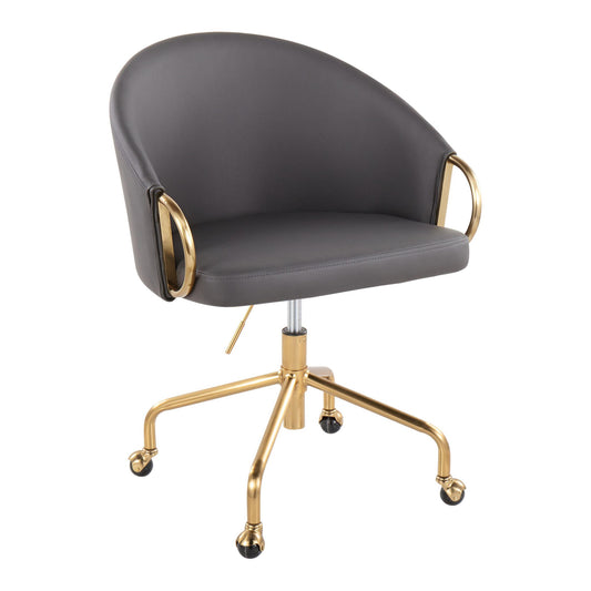 The Claire - Stylish Design Contemporary / Glam Task Chair features a curved gray upholstered seat, gold metal armrests, and a gold five-leg wheeled base for a modern office look.