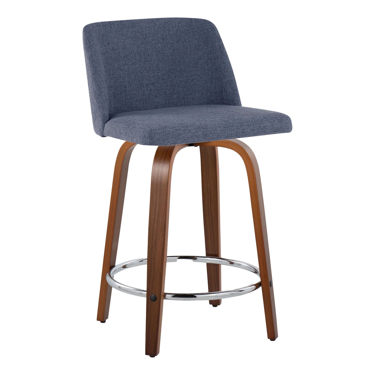 The Toriano counter stool set includes two mid-century modern stools, each with a cushioned blue fabric seat and backrest, featuring curved wooden legs and a circular chrome footrest.