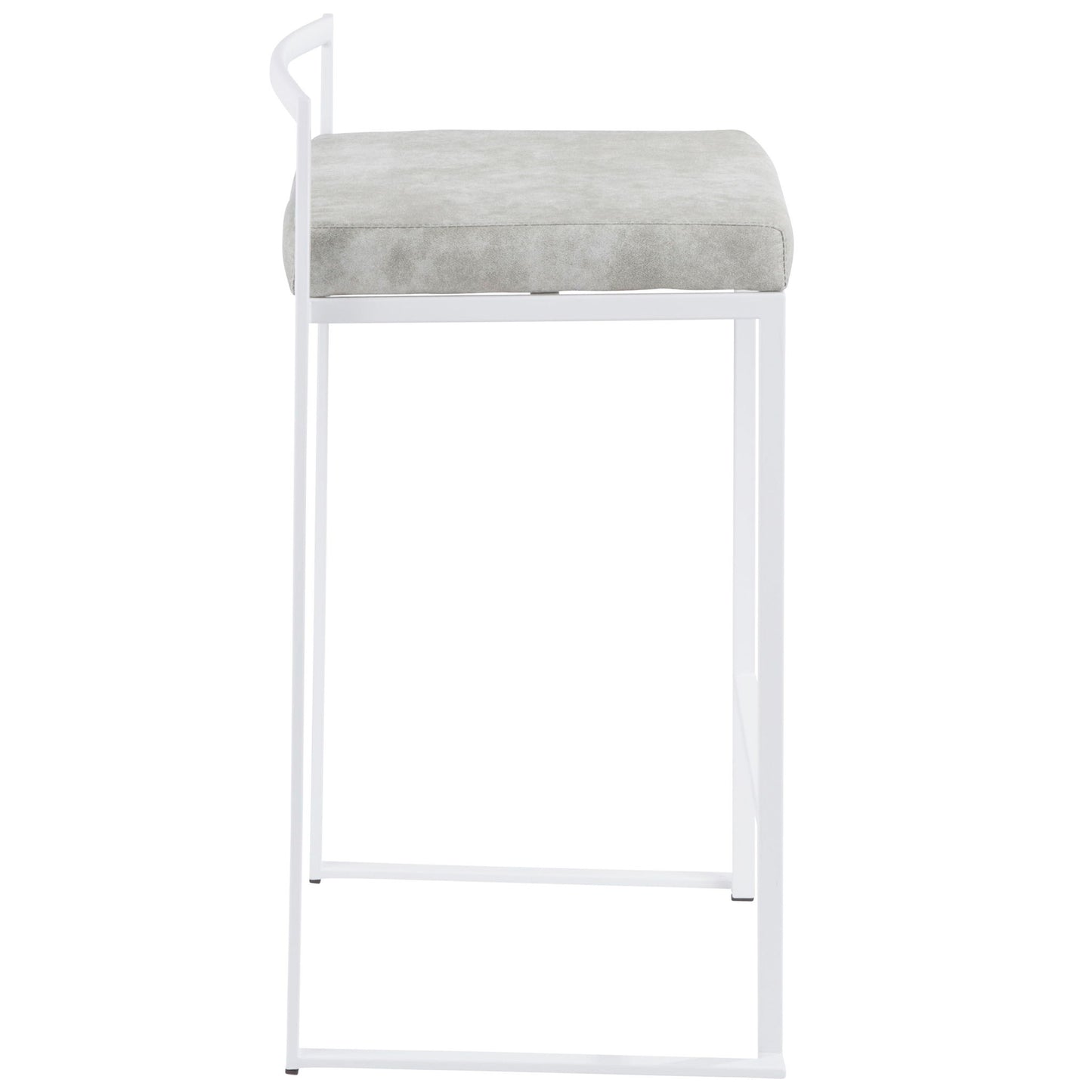 Side view of the Fuji - Simple Elegance Contemporary Stackable Counter Stool, featuring a white metal frame, light gray cushioned seat, and a minimalistic design with a single thin backrest bar.