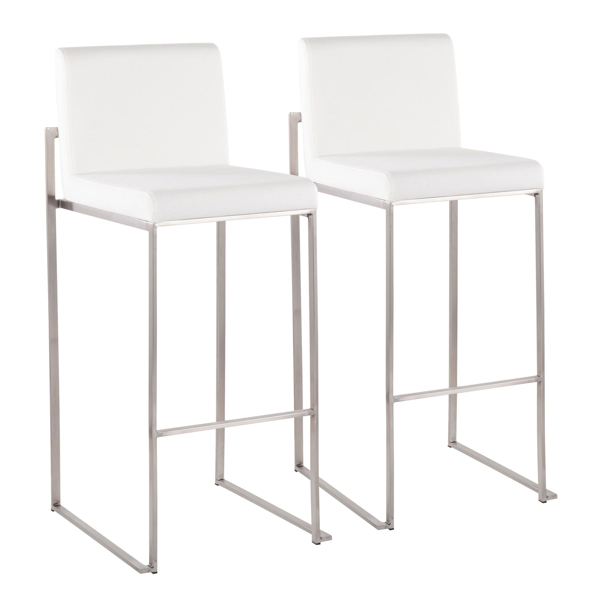 The Fuji - Contemporary And Modern Elegance High Back Barstool features a minimalist, sleek design with white square seats, high backs, and metal legs with a rectangular frame and footrests. Perfect for modern spaces.