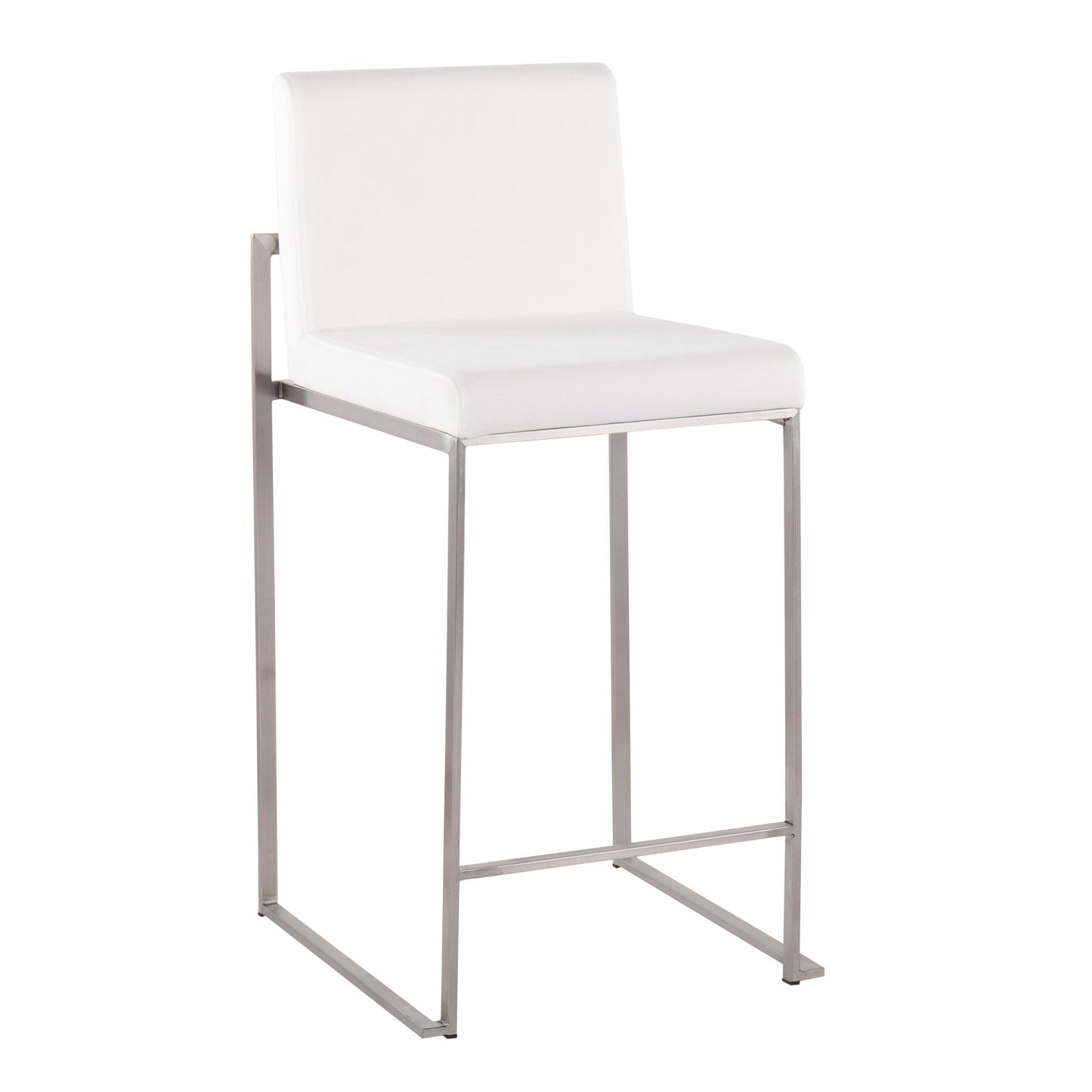 The Fuji Contemporary High Back Counter Stool features a white cushioned seat and backrest with a sleek rectangular metal frame and integrated footrest for functional, modern style.