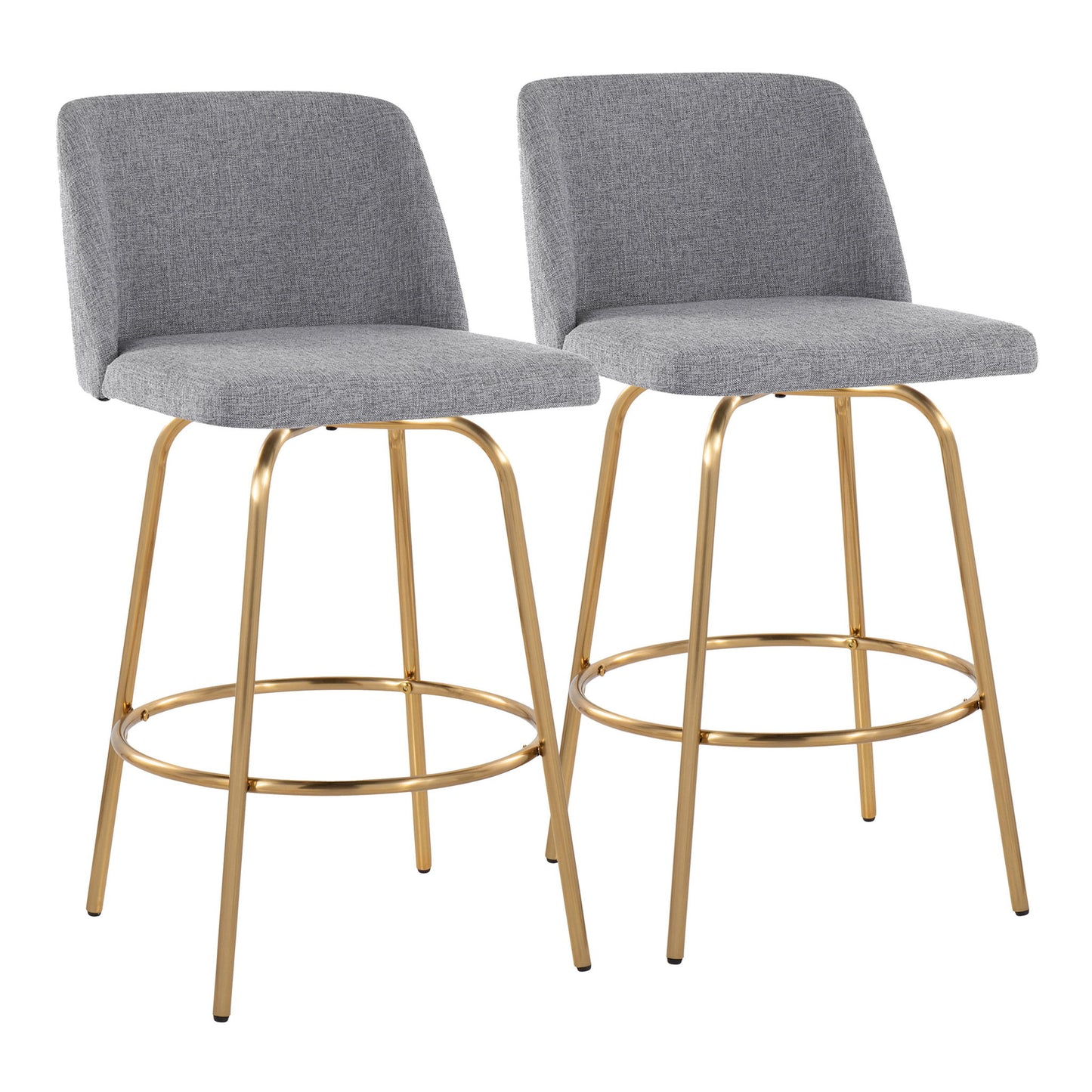 Set of 2 Toriano contemporary counter stools feature swivel seats and backs upholstered in light gray, supported by gold metal legs and round footrests.
