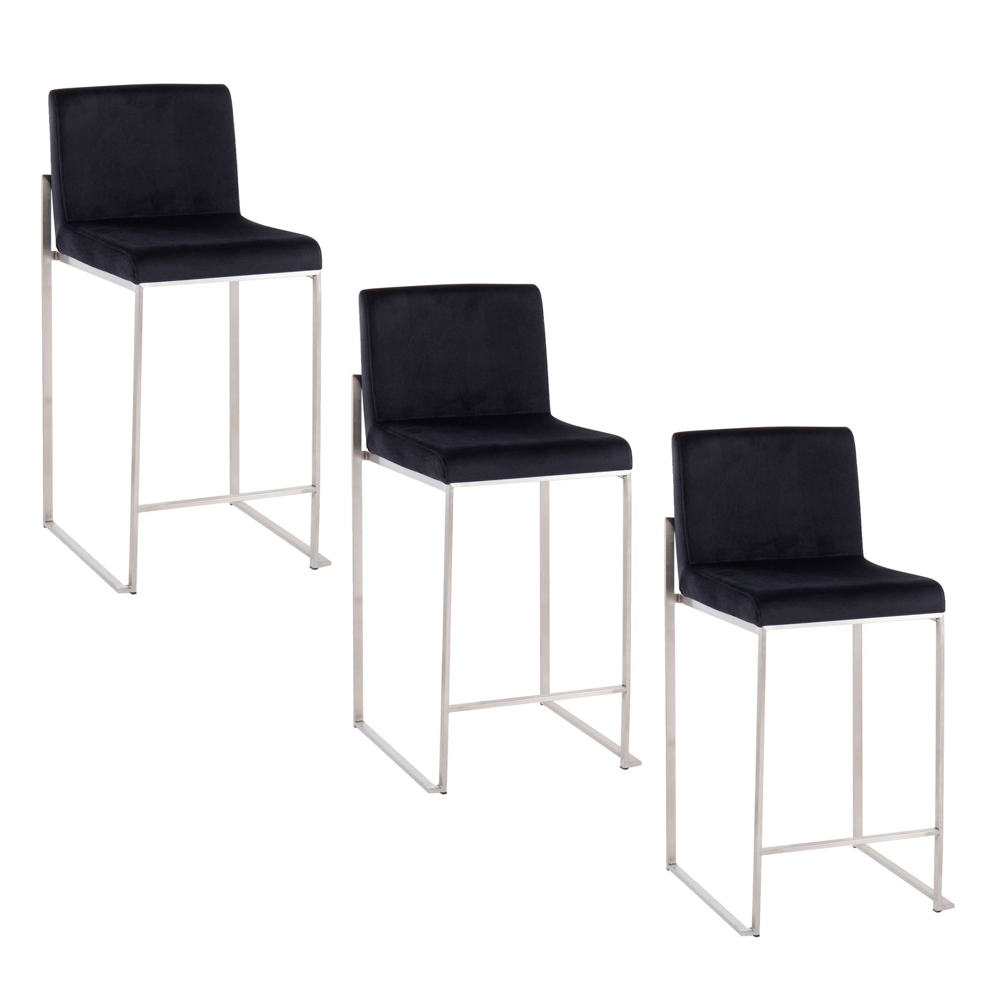 Three Fuji Contemporary High Back Counter Stools, featuring black cushioned seats and backs with sleek silver metal legs, are arranged in a staggered row on a white background.