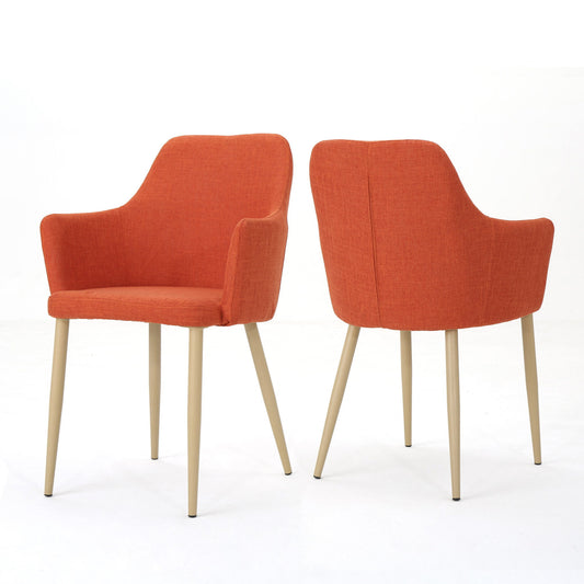 Two Elegant Dining Chairs With Contoured Support, featuring orange upholstered seats and backs, angled armrests, and light wooden legs, are set on a white background—one faces forward while the other displays its back.
