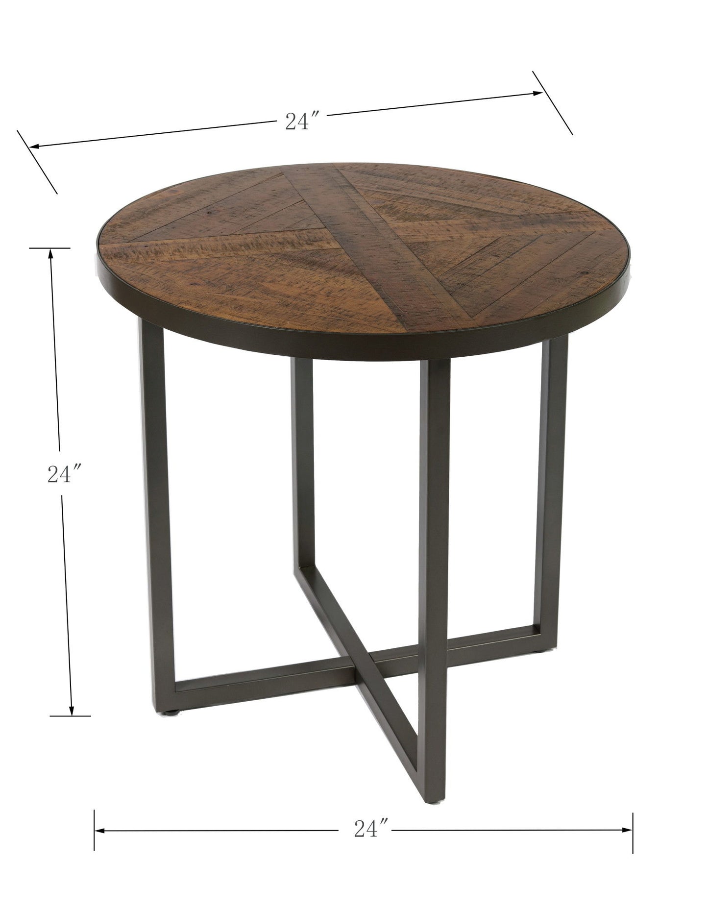 The Faro - Round Table features a geometric-patterned wood top with visible grain, a dark metal base, and measures 24" in diameter by 24" high. Measurement lines highlight the table's dimensions.