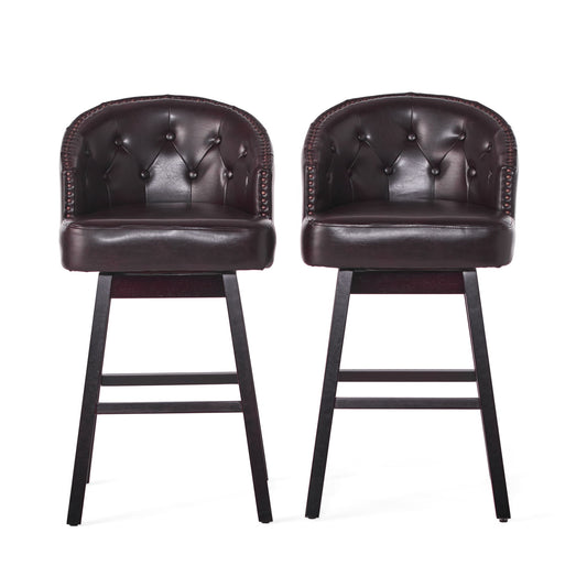 A set of two Mellifluous 360 Degree Swivel Bar Stools with tufted backs, stunning nailhead trim, and wooden legs are positioned side by side against a white background.