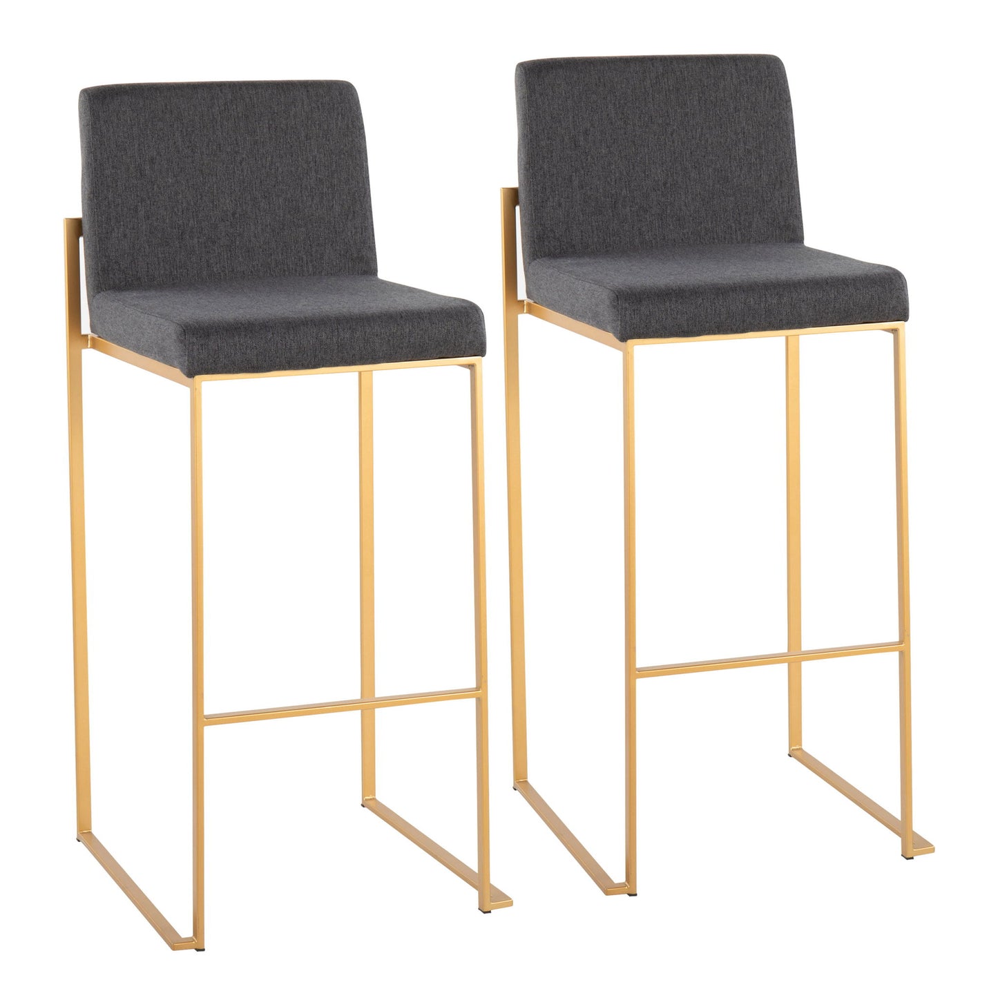 The Fuji - Contemporary Design High Back Barstool (Set of 2) features dark gray upholstered seats and backs, slim gold metal legs with footrests, offering a minimalist and modern look for your bar or kitchen space.