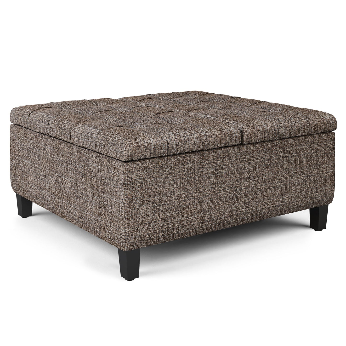 The Harrison Upholstered Coffee Table Storage Ottoman features a square brown fabric design with a tufted top, short black legs, and offers both storage and seating.