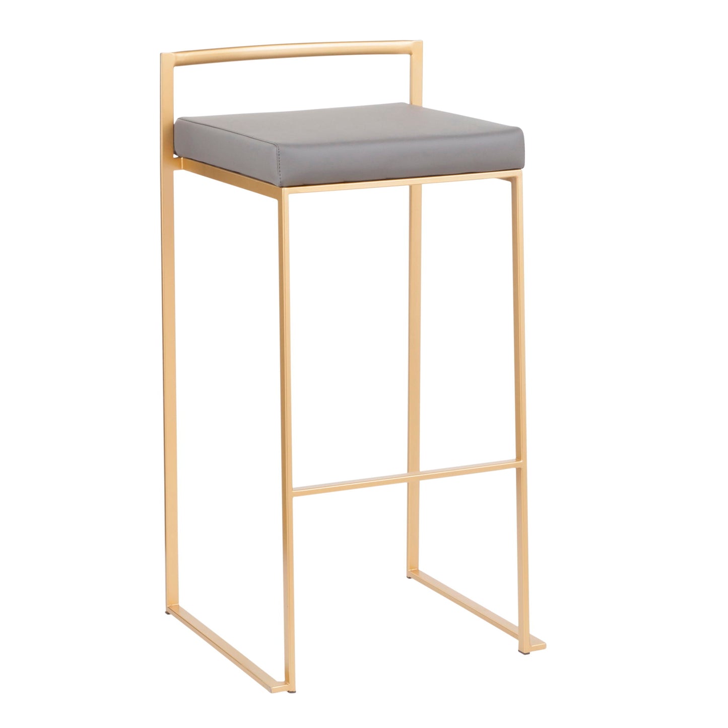 The Fuji Barstool features a gold metal frame, straight legs, a simple backrest, and a square padded gray seat for a contemporary glam look.