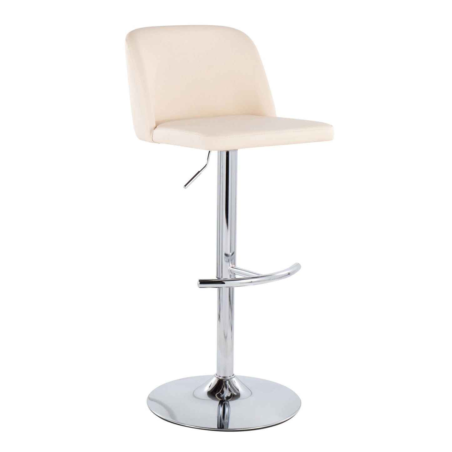 The Toriano is a contemporary adjustable barstool set of 2, featuring cream cushioned seats and backrests, swivel function, rounded T footrests, and shiny round metal bases.