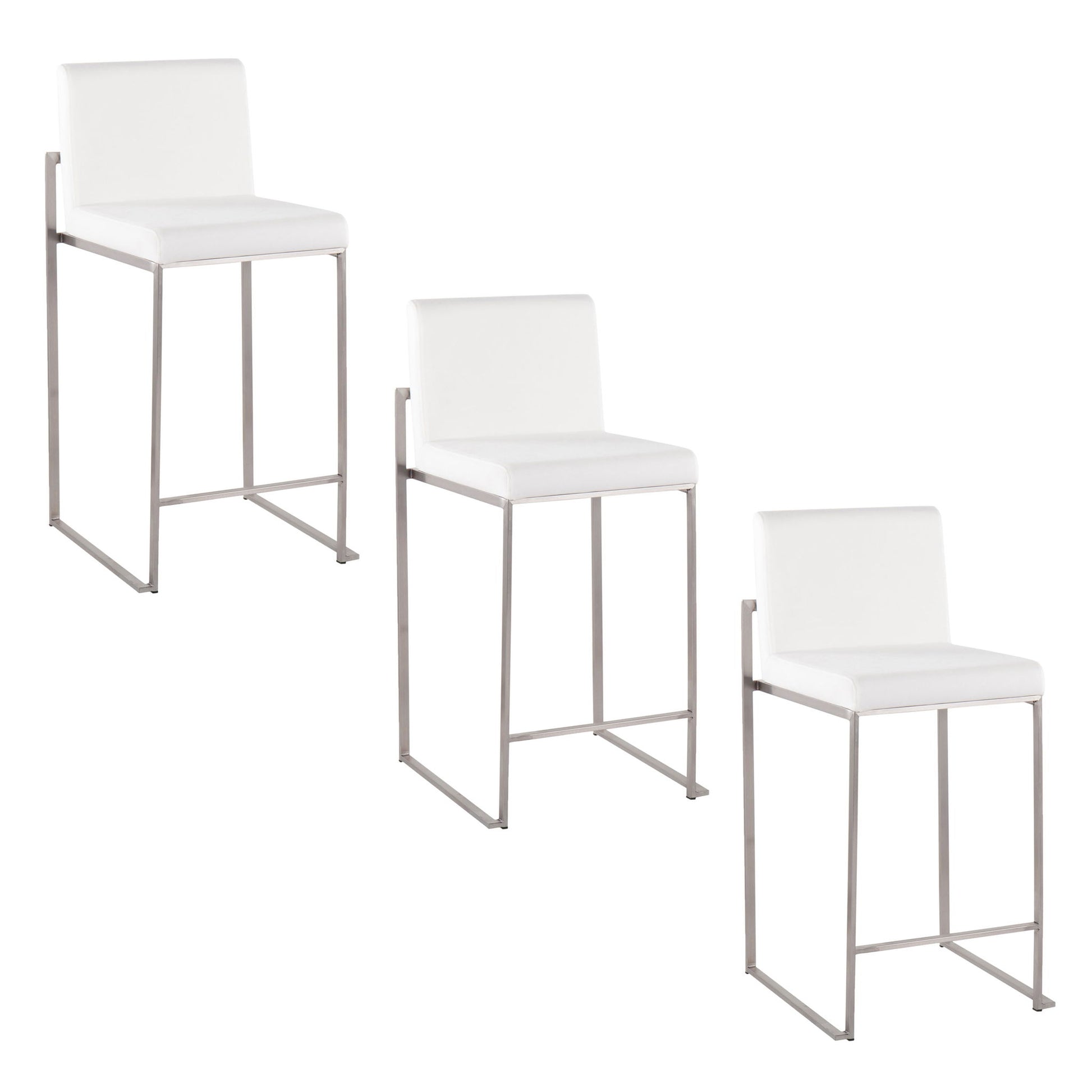 Three Fuji Contemporary High Back Counter Stools with functional design and metal legs are arranged in a staggered formation against a plain white background.