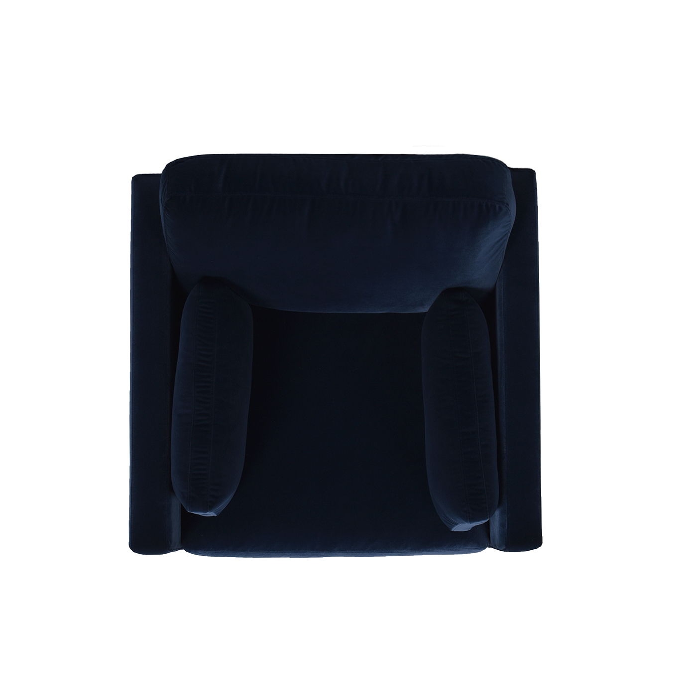 Top-down view of the Knox - Modern Farmhouse Arm Chair in dark blue, featuring plush upholstery, two rounded armrests, and a thick backrest, set against a white background.